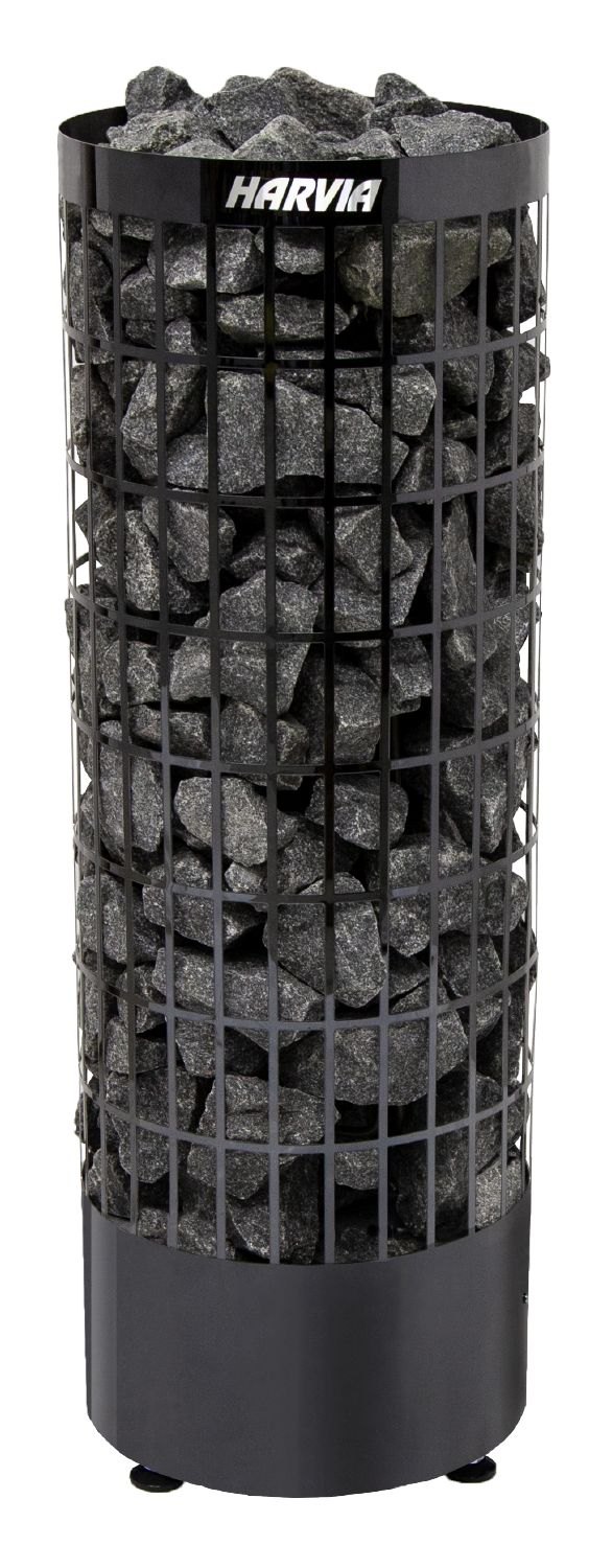 Harvia Cilindro PC90E electric sauna heater, a black steel cylinder filled with stones