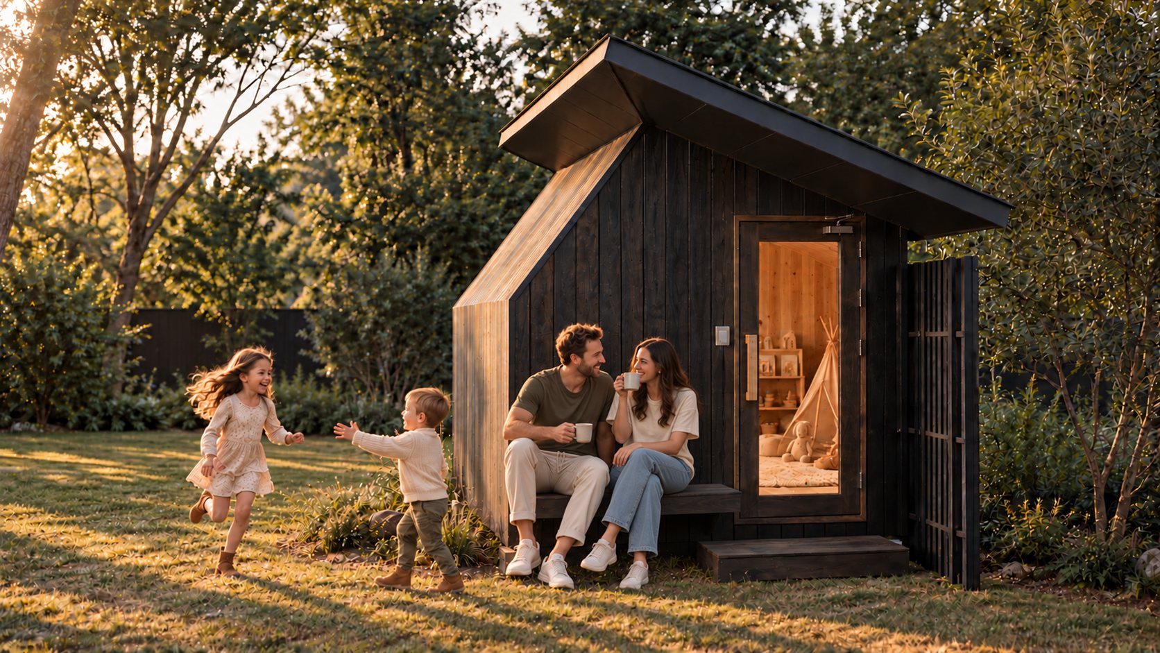 A family in their backyard at golden hour: two parents on the step of a Wavyroom with coffee while their children run across the lawn