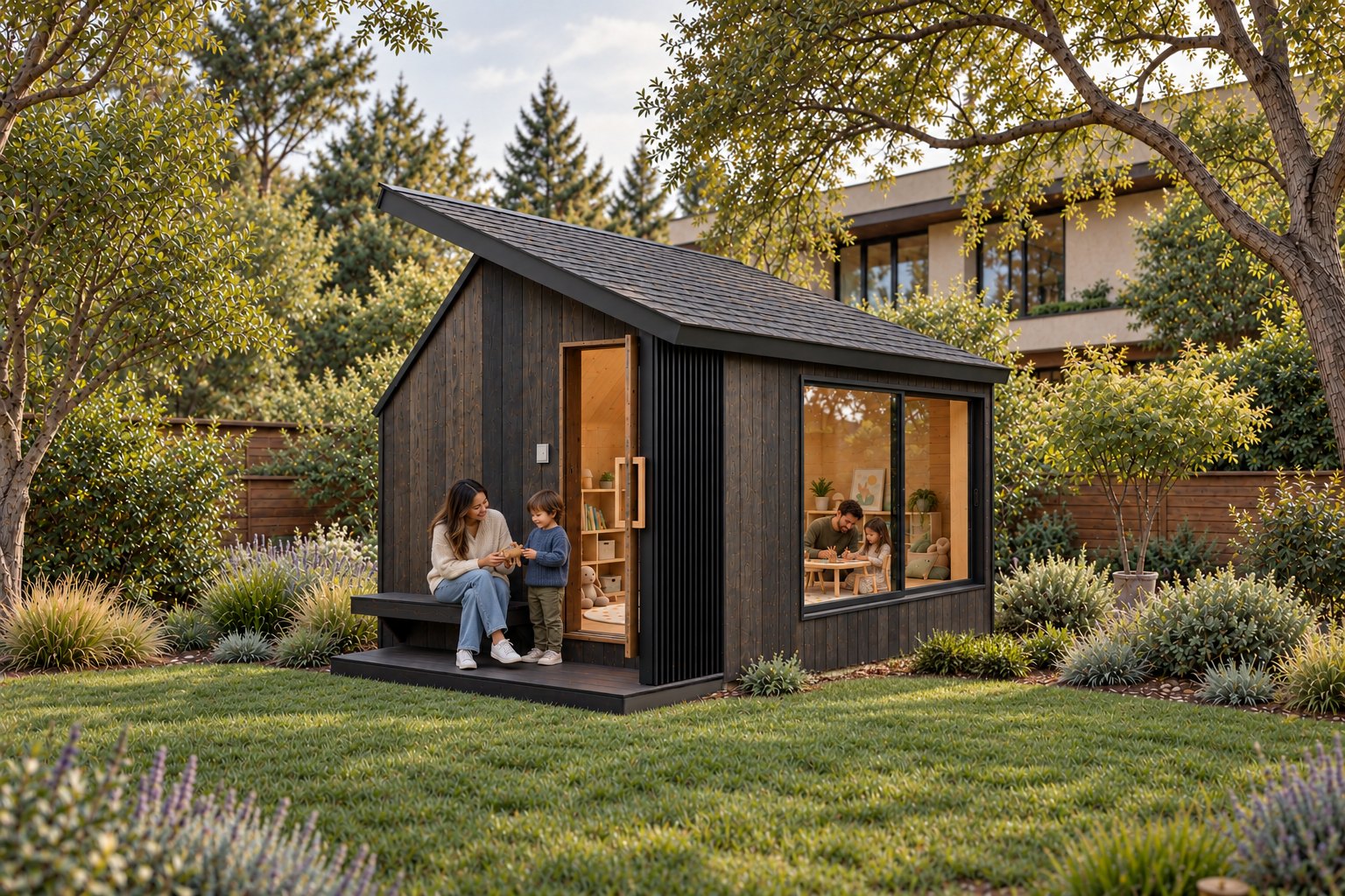 The Wavyroom Studio in a backyard: charred timber walls, a pitched shingle roof, sliding glass and an open door with a family on the deck