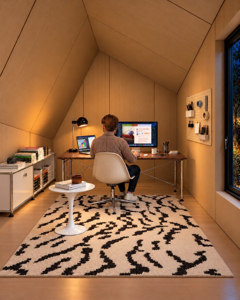A backyard office inside a Wavyroom: desk, monitor and pegboard under a pitched wood ceiling