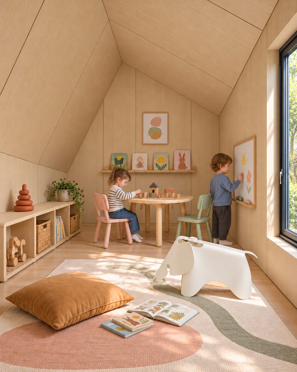 A kids' playroom inside a Wavyroom: low shelves, a small table and children drawing