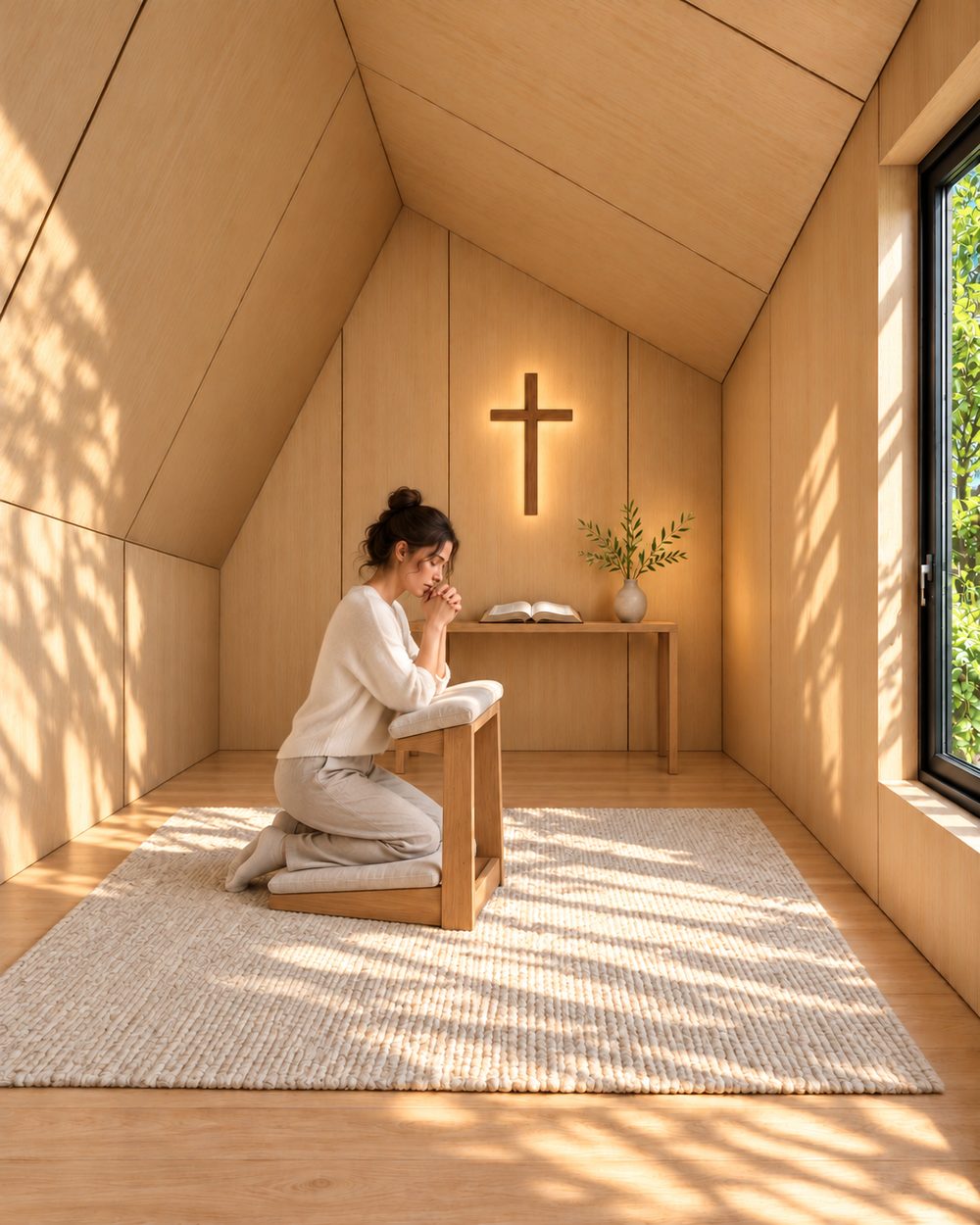 A prayer room inside a Wavyroom: a kneeler, a small table and a wooden cross on the wall