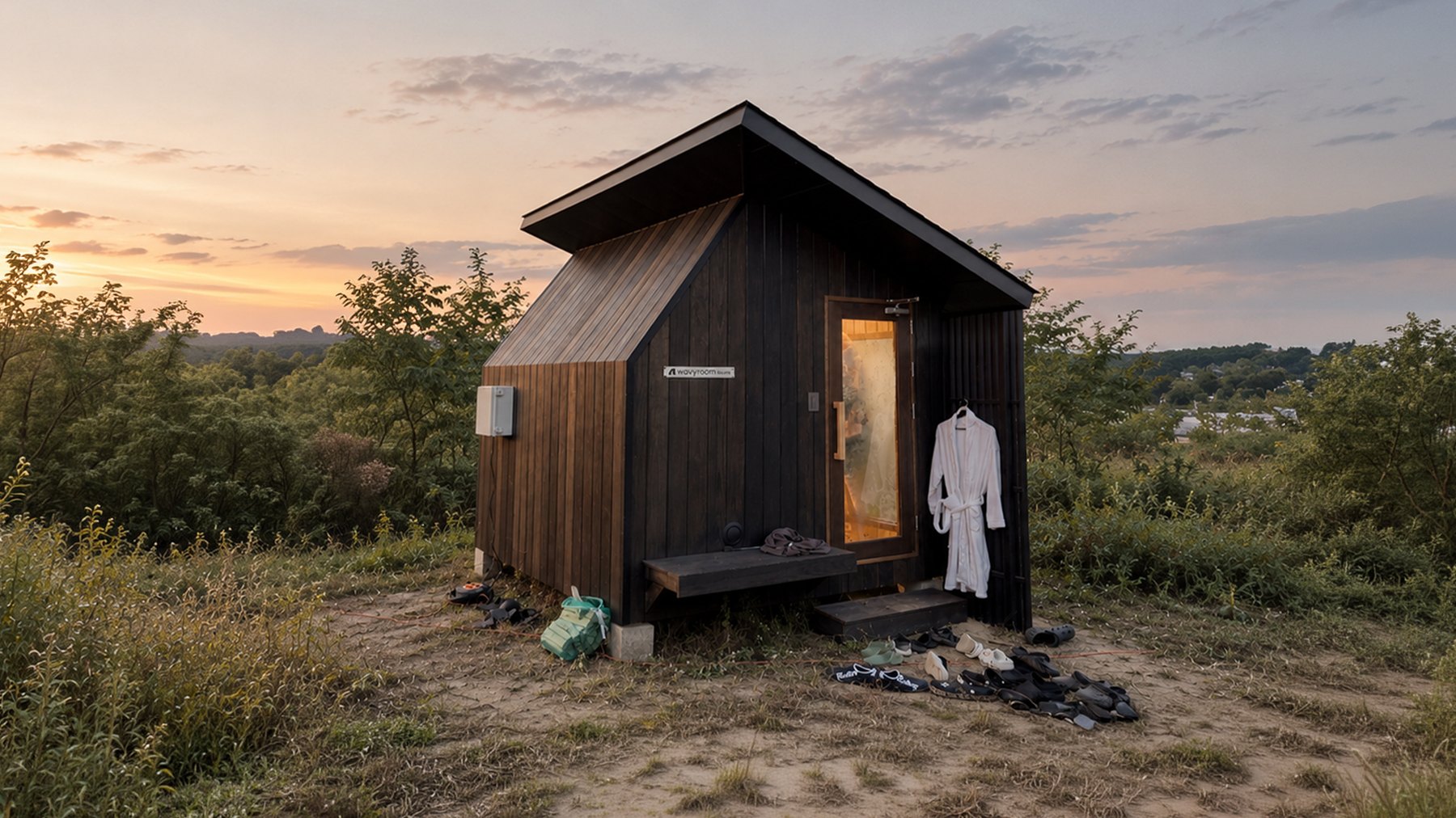 A Wavyroom sauna at dusk on open ground, the door glowing, robes and sandals left outside